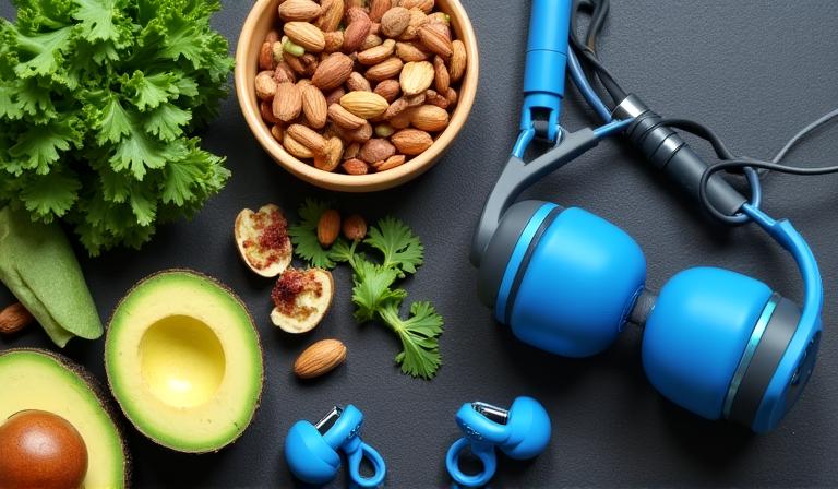 Cibo sano e attrezzatura fitness su un tavolo moderno